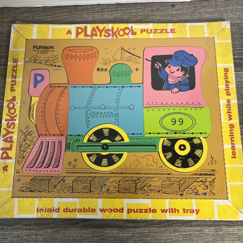 Vintage Playskool #275-34 Locomotive Wood Tray 12 Piece Board Puzzle Inlays New